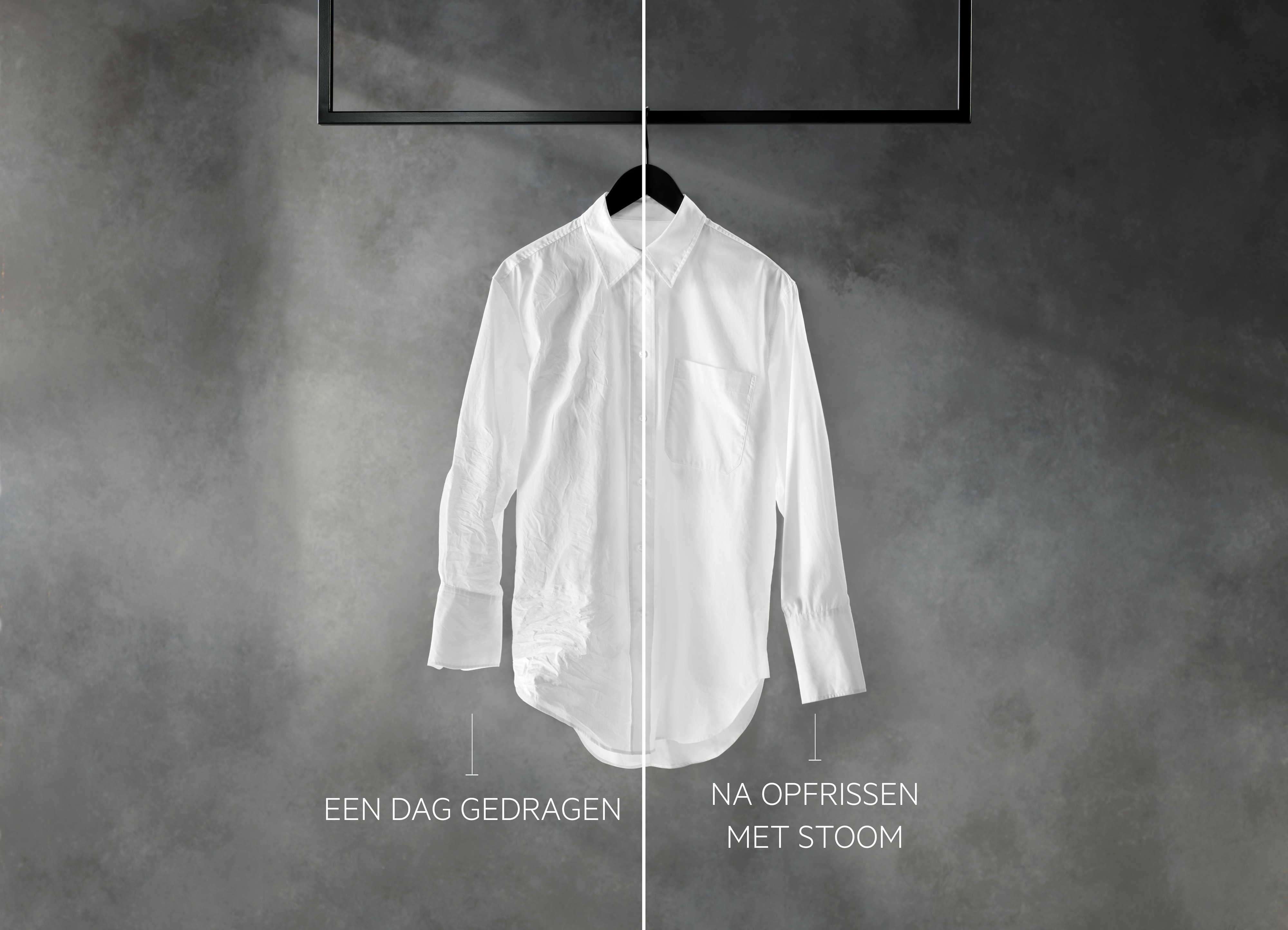 T-shirt een dag gedragen vs t-shirt na opfrissen met stoom